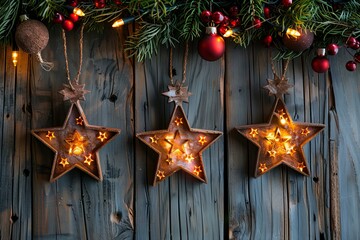 Wooden stars hang from christmas tree with lights