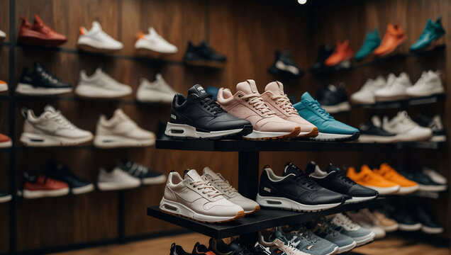 glamorous shoes boots heels sneakers in fashion store shelves, Generative AI