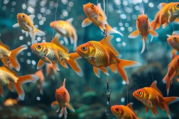 Fototapeta premium Goldfish swim tank fishing hook