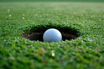 Golf ball resting in hole on green field