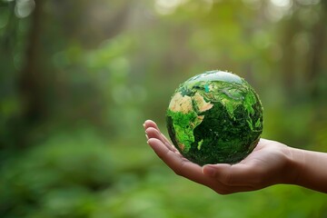 Person holding green globe forest background