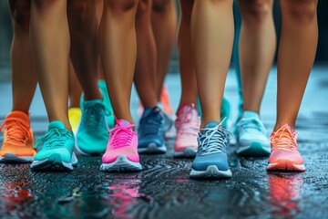 People standing in line with colorful shoes