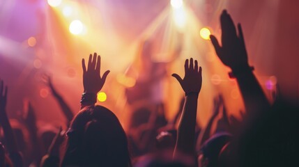 Vibrant music festival with audience raising their hands in excitement under dazzling stage lights. Energetic live performance.