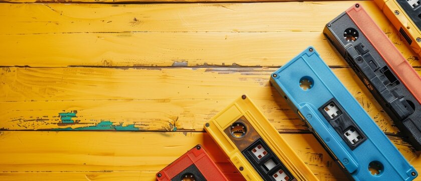 Retro cassette tape collection over yellow wooden table. top view. copy space