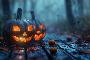 Two pumpkins sitting on a wooden table in the rain