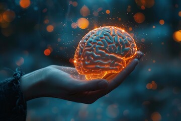 Person holding glowing brain hand blurry background
