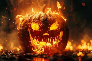A pumpkin with a fire in the background