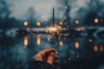 Person with sparkler next to water