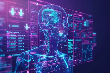 A person's head and torso with a futuristic interface