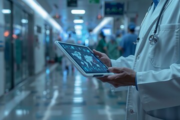 Male doctor holding a laptop computer in a hospital hallway