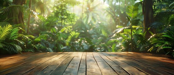 Long shot, wooden floor amidst lush jungle, verdant plants and towering trees surrounding, golden sunlight filtering through dense leafy canopy, photorealistic detail