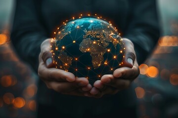 Fototapeta premium Person holding glowing globe with world map in background