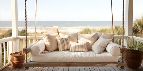 Beach house porch swing with ocean view and cozy pillows. Concept Beach House, Porch Swing, Ocean View, Cozy Pillows
