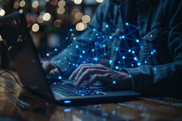 Person typing laptop, network lights in background