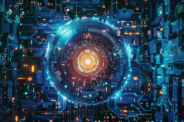 Obraz premium Close up of futuristic computer circuit board with glowing circle