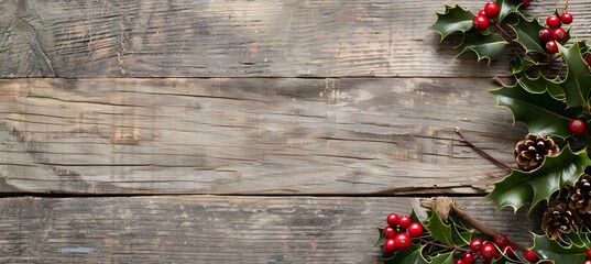 Rustic Wooden Background with Holiday Border and Copy Space