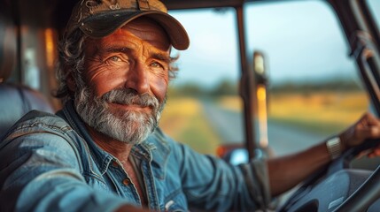 A senior man with a beard and cap driving a truck, capturing the warm light of sunset on a rural road.