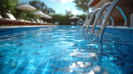 A serene view of a clear blue swimming pool with rippling water, surrounded by sun loungers and umbrellas on a sunny day.