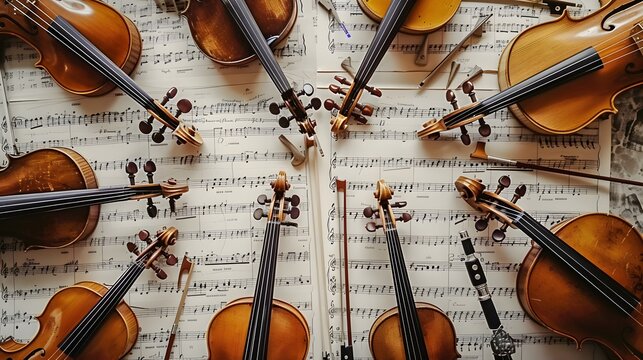 A symphony score serves as a backdrop for a diverse array of musical instruments.