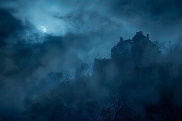 Scary Haunted House with Moonlight and Fog