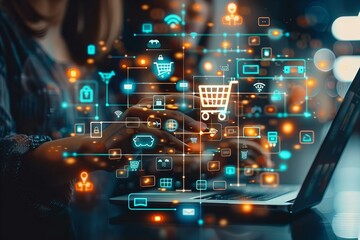 Fototapeta premium Person using laptop with shopping cart on screen