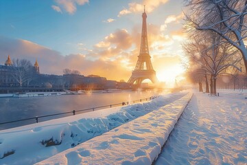 Snowy path with benches overlooking eiffel tower