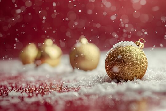 Three shiny baubles on snow on red backdrop