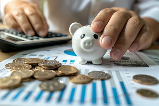 Person putting coin piggy bank table