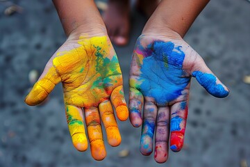 Two hands painted with different colors of paint