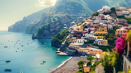 Picturesque Positano town, a renowned Italian resort, bathed in the golden glow of summer.