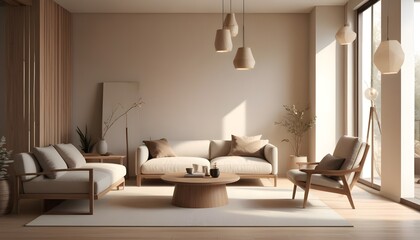 Modern interior style design living room. Lighting and sunny Scandinavian apartment with plaster and wood. 3D Rendering