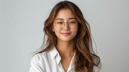 Smiling young woman with glasses and wavy hair in a white blouse, in a modern office background