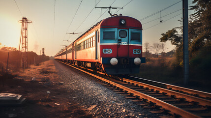 Obraz premium Modern Train on Tracks with Urban Cityscape in the Background