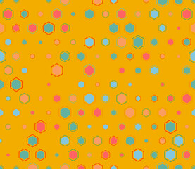 Hexagon Background. Multicolored geometric elements of varied sizes. Rounded hexagons mosaic cells with padding and inner solid cells. Hexagon pattern. Tileable pattern. Seamless vector illustration.