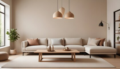 Modern interior style design living room. Lighting and sunny Scandinavian apartment with plaster and wood. 3D Rendering