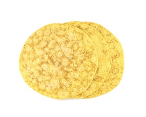 Yellow Roti bread, Makki ki roti, with corn meal   on white background. It is a round flatbread from India with many recipe varities