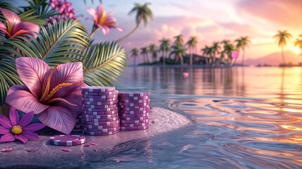 A beautiful beach scene with a pink flower and purple poker chips. Scene is relaxing and serene