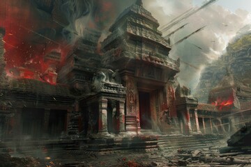 Apocalyptic temple ruins in a dystopian world, a digital art concept of chaotic destruction and eerie atmosphere