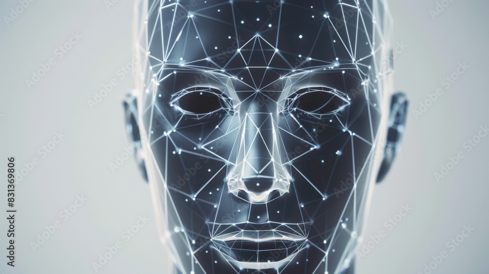 Poster Digital face with glowing geometric patterns on a light background. Concept of face recognition, biometric authentication, and cyber security.