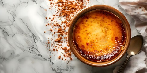 Overhead shot of creme brulee on marble surface with empty space Classic French dessert with caramelized cream. Concept Food Photography, Desserts, Creme Brulee, French Cuisine, Cooking Techniques