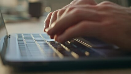 Man hands typing laptop keyboard searching internet in office desk close up. 