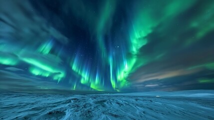 A stunning aurora borealis display over a snowy tundra, with vibrant blue and green lights dancing across the dark night sky. 32k, full ultra hd, high resolution - Powered by Adobe