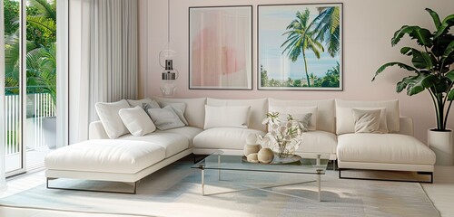 light and airy living room featuring a white sectional sofa