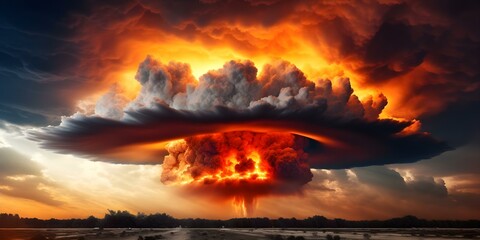 Fototapeta premium Nuclear explosion with shock wave against stormy sky and nuclear fungus backdrop. Concept Natural Disasters, Apocalypse, Explosions, Nuclear Fallout, Storms