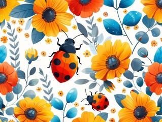 Graphic seamless pattern of cute ladybugs and flowers. simple shape.