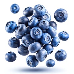 Close-up of fresh blueberries floating against a white background