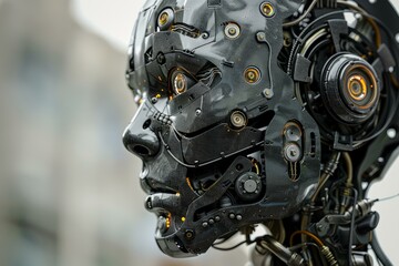 Fototapeta premium Closeup of a detailed futuristic robotic head with intricate design and sophisticated artificial intelligence technology