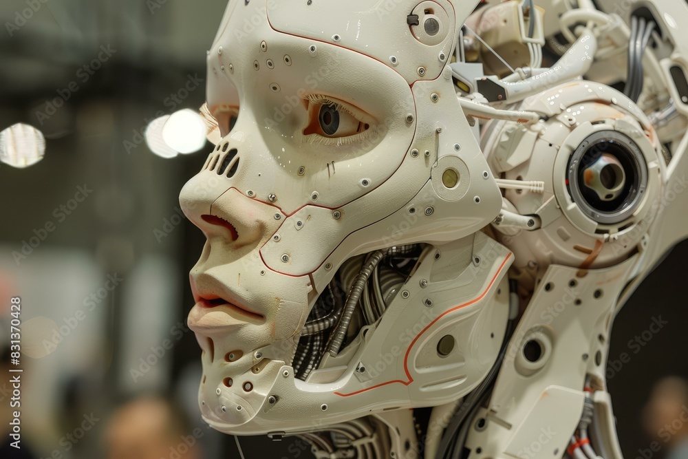 Poster detailed view of an advanced humanoid robot's face, emphasizing artificial intelligence and technolo