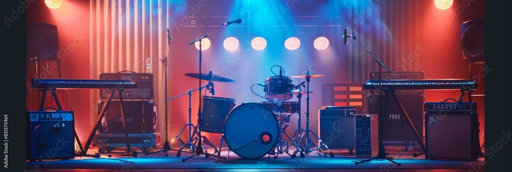 Aufkleber A stage filled with countless bright lights, illuminating the space where musical instruments and microphones are set up, ready for a performance to begin. Generative AI