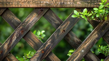 Plant framed wooden garden fence. fence with trees